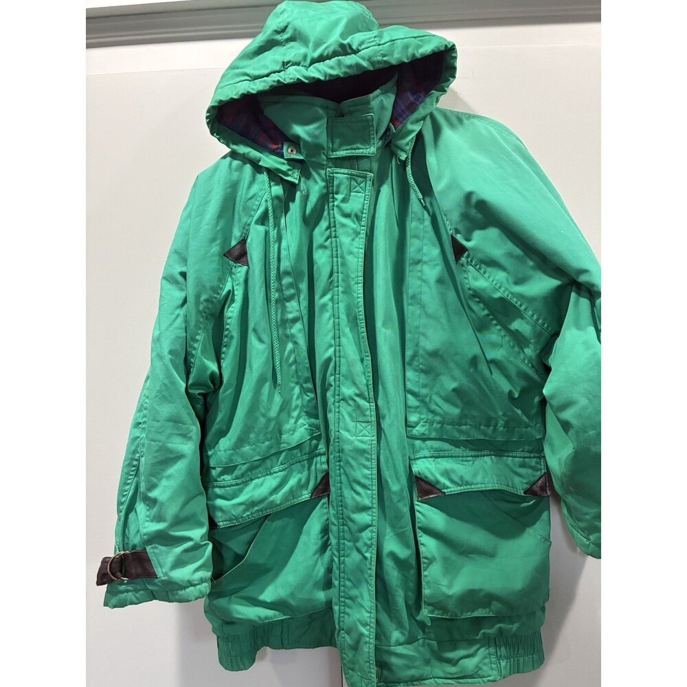 Vintage British Mist Green Plaid Lined Parka Jacket Womens M Hooded 90s Ski Coat